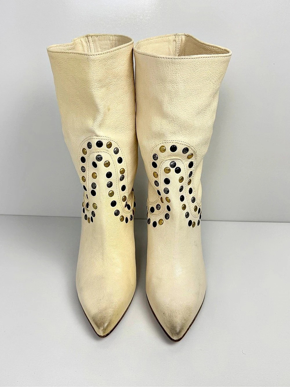 Free People Studded Western Boots 38.5 Ivory Leather NWOT Made Italy